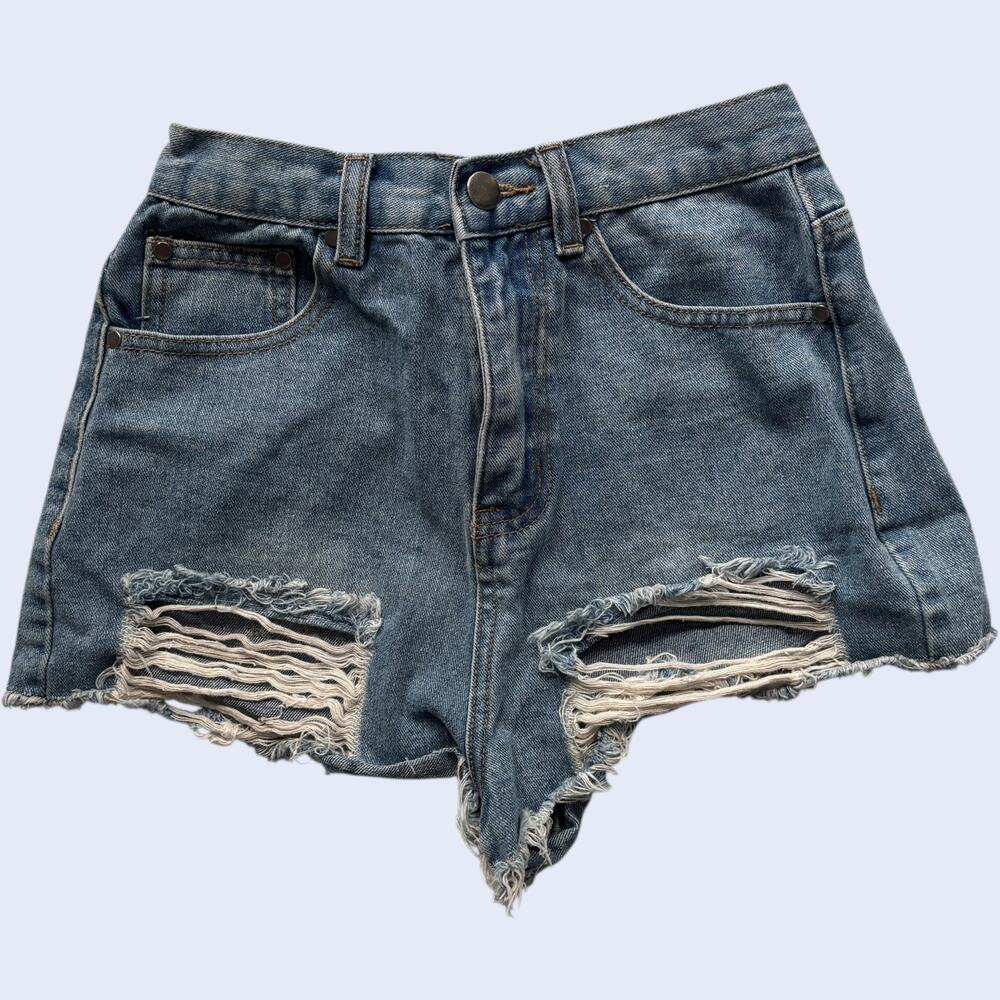 Superdown Distressed Denim Cutoff Shorts Blue High Rise Raw Hem